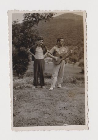 Guys In Park One Pose With Music Guitar Vintage Orig Photo (42616)