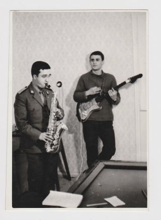 Soldiers Pose With Music Saxophone And Guitar Vintage Orig Photo /49570