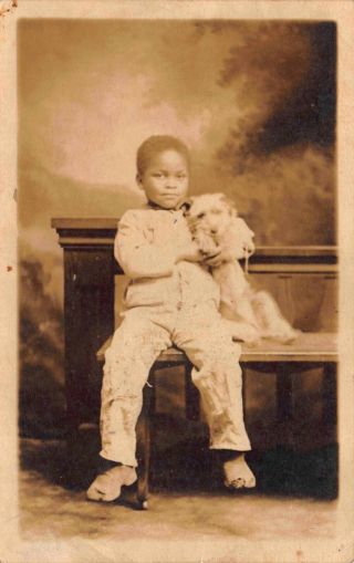 Real Photo Postcard Little Black African American Boy & Dog Photo Studio 122475