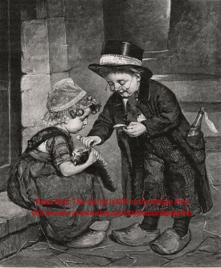 Veterinary Doctor Children Care For Sick Cat Make Believe,  1890s Antique Print