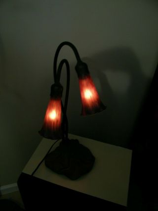 Vintage Metal Tulip Lily Pad Table Lamp 2 Light Amber Orange/green Shade