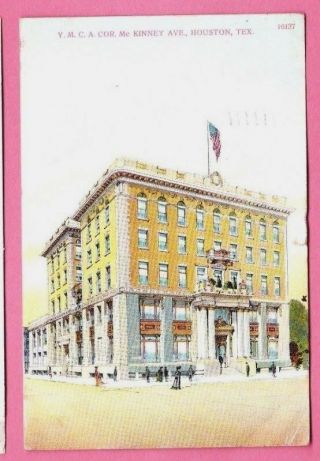 1908 Vintage Tinted Postcard Ymca Building Corner Of Mckinney Houston Tx