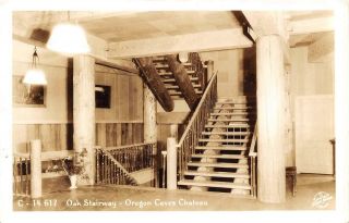 Rppc Oregon Caves Chateau Oak Stairway Interior Cave Junction Ca 1940s Postcard