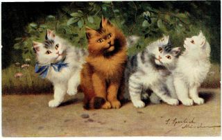 T Sperlich Artist Signed Old Postcards Four Pretty Cats In A Row