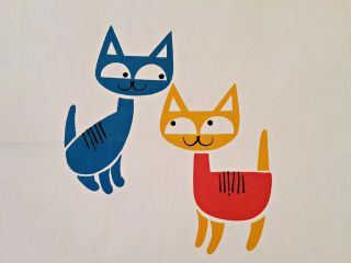 Vintage Authentic Sunil Cartoon Art Cats White Blue Red Cotton Kitchen Tea Towel