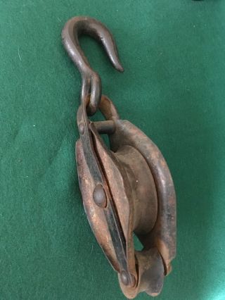 Antique All Steel Block And Tackle Pulley With Hook