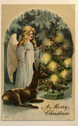 Pretty Christmas Angel With Deer Candle - Lit Tree Antique Postcard - K170