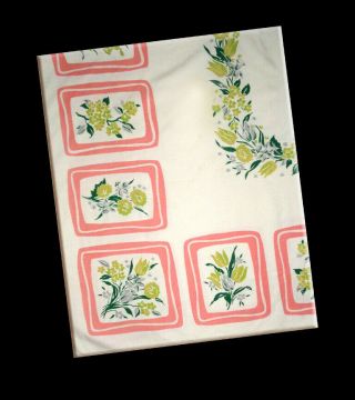 Vintage Mid - Century Modern Tablecloth,  Ivory With Coral And Green,  48 " X 60 "