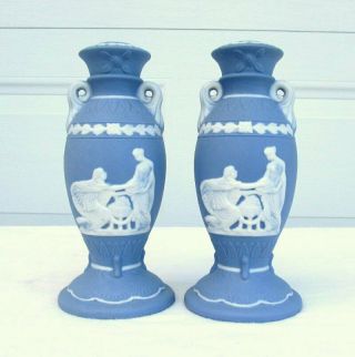 2 Vintage Goddess White Blue Jasperware Bisque Porcelain Boudoir Lamp Base Part