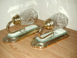 Vintage Mid - Century Brass Plated Wall Light Sconces With Beveled Mirrors