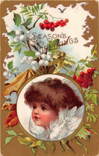 Insect Flying Above Holly & Mistletoe Around Sweet Angel - 1909 Christmas Postcard