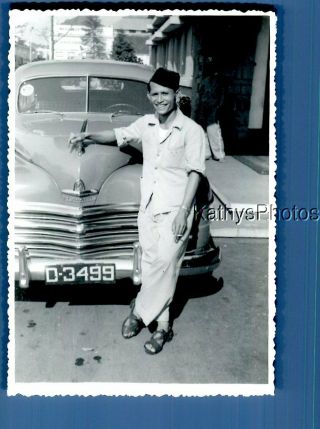 Found B&w Photo F,  3288 Man In Hat Posed In Front Of Old Car