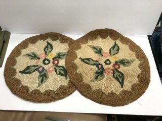 Vintage Antique Needlepoint Hooked Wool Chair Covers 14 " Round Floral Border
