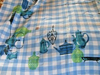 Vtg Pure Linen Screen Print Tablecloth Old Time Teapots Kitchen Check Blue 48x52