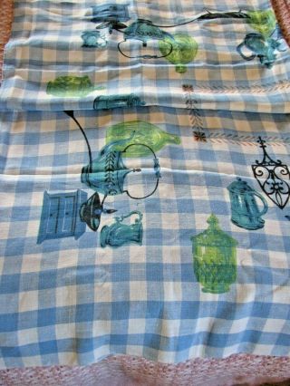 VTG Pure LINEN Screen Print Tablecloth Old Time Teapots Kitchen Check Blue 48X52 2