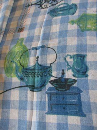VTG Pure LINEN Screen Print Tablecloth Old Time Teapots Kitchen Check Blue 48X52 3