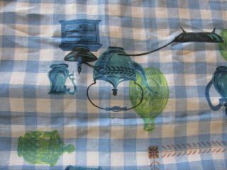 VTG Pure LINEN Screen Print Tablecloth Old Time Teapots Kitchen Check Blue 48X52 4