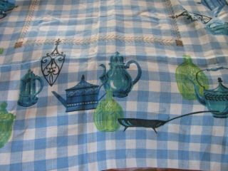 VTG Pure LINEN Screen Print Tablecloth Old Time Teapots Kitchen Check Blue 48X52 5