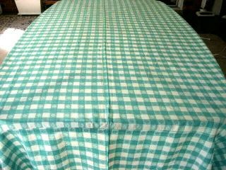 Vintage Large Aqua Green White Check Fabric Kitchen Tablecloth Picnic 55 X 105
