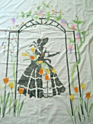 Vintage Hand Embroidered Bedspread / Southern Belle Lady With Wisteria & Tulips