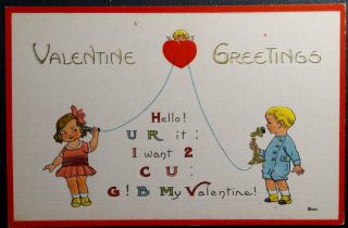 Postcard - Valentine Greetings - Children On Telephone Heart