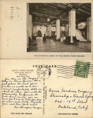 York City,  Ny Spacious Lobby Of Hotel Times Square Linen Postcard 1c Stamp