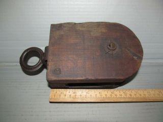 Antique Wood Barn Pulley With Wooden Wheel