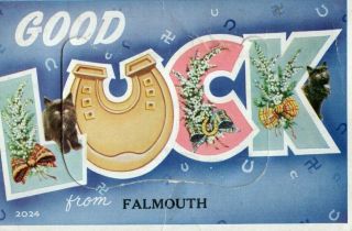 Vintage Novelty Postcard: Good Luck From Falmouth With Black Cats & Swastika