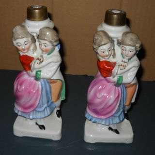 Vintage Set Of 2 Matching Porcelain Germany 1295 Victorian Couple Lamp Bases