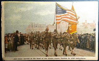 Postcard Wwi Military Patriotic Old Glory Head Troops London Advertising Chicago