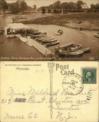 1912 Feather River Between Marysville & Yuba City California Postcard 1c Stamp
