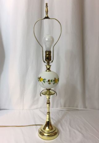 Vtg Mid Century Brass Table Lamp Hand Painted Glass Floral Yellow Gold Hollywood