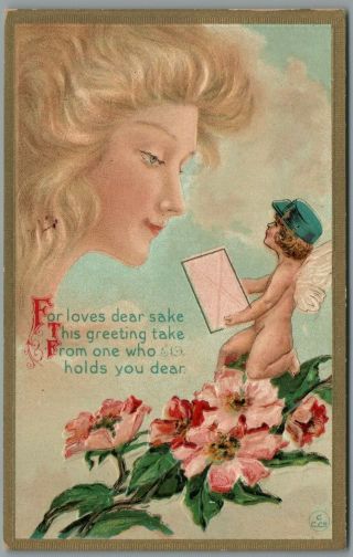 Lady Valentines Day " For Loves Dear Sake.  " Cherob Mailman,  Postcard