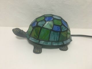 Tiffany Style Blue Green Stained Glass Turtle Metal Desk Lamp Night Light