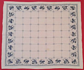 Vintage Dutch Art Ships Grapes Plaid Print White Blue Cotton Square Tablecloth