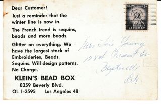 VINTAGE RPPC? ADVERTISING POSTCARD KLEIN ' S BEAD BOX LOS ANGELES CA SEQUINS 1960 2
