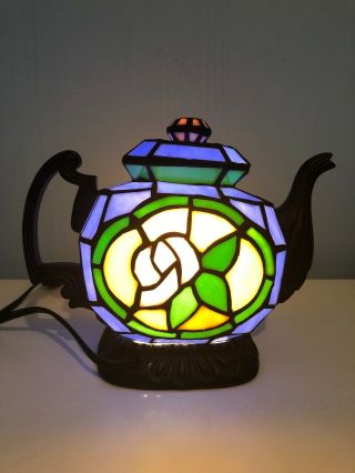 Stained Glass Tiffany Style Tea Pot Kettle Rose Accent Table Lamp Blue