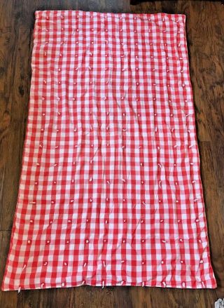 Vintage Red & White Checkered Check Picnic Blanket Quilt Hand Made As - Is 40 X 68