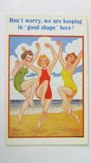 1930s Vintage Comic Postcard Keep Fit Bathing Beauty Beach Body Aerobics Fashion