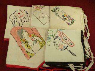 5 Vintage 1940s Card Table Bridge Tablecloths W/ Hand Embroidery & Ties