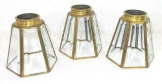3 Brass Clear Beveled Glass Light Fixture Shade Globes Rare Vintage Ceiling Fan