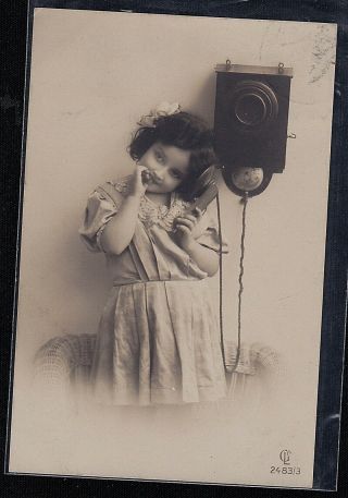 Antique Vintage Postcard Little Girl Talking On Old Time Telephone 1911