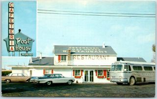 Kentland,  Indiana Postcard Greyhound Post House Cafeteria W/ Bus Roadside C1960s