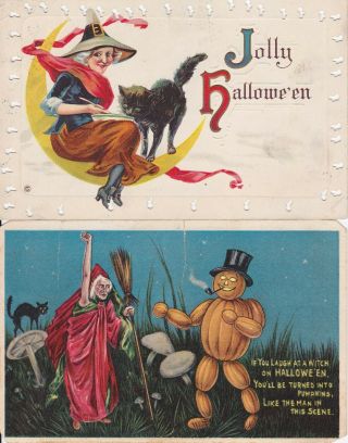 2 (two) Old Vintage Halloween Postcards Witch With Pumpkin Man - Witch With Cat