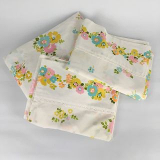 Vtg 3 Pc Set Full Fitted Pillowcases Jc Penney Floral Retro Bed Sheet Penn Prest