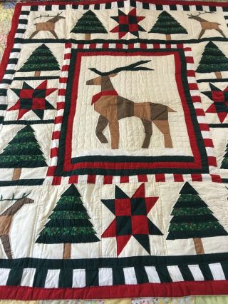 Vintage Hand Crafted Hand Quilted Christmas Sampler Quilt Reindeer Stars Trees
