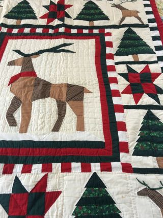 VINTAGE HAND CRAFTED HAND QUILTED CHRISTMAS SAMPLER QUILT REINDEER STARS TREES 4