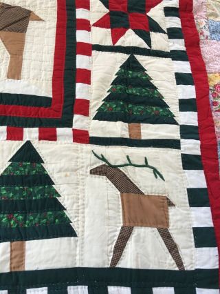 VINTAGE HAND CRAFTED HAND QUILTED CHRISTMAS SAMPLER QUILT REINDEER STARS TREES 5