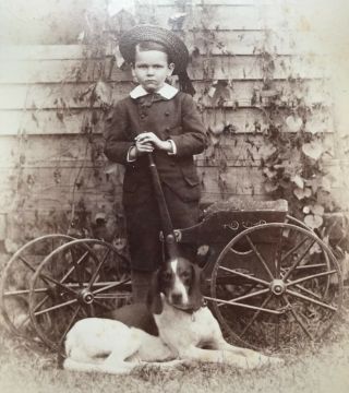 Antique Cabinet Card Of A Small Boy And His Hound Dog And His Wagon Vermont