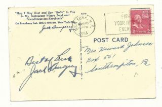 Rare Jack Dempsey Restaurant TWICE TWO Autographed Hand Signed 1954 Postcard 2